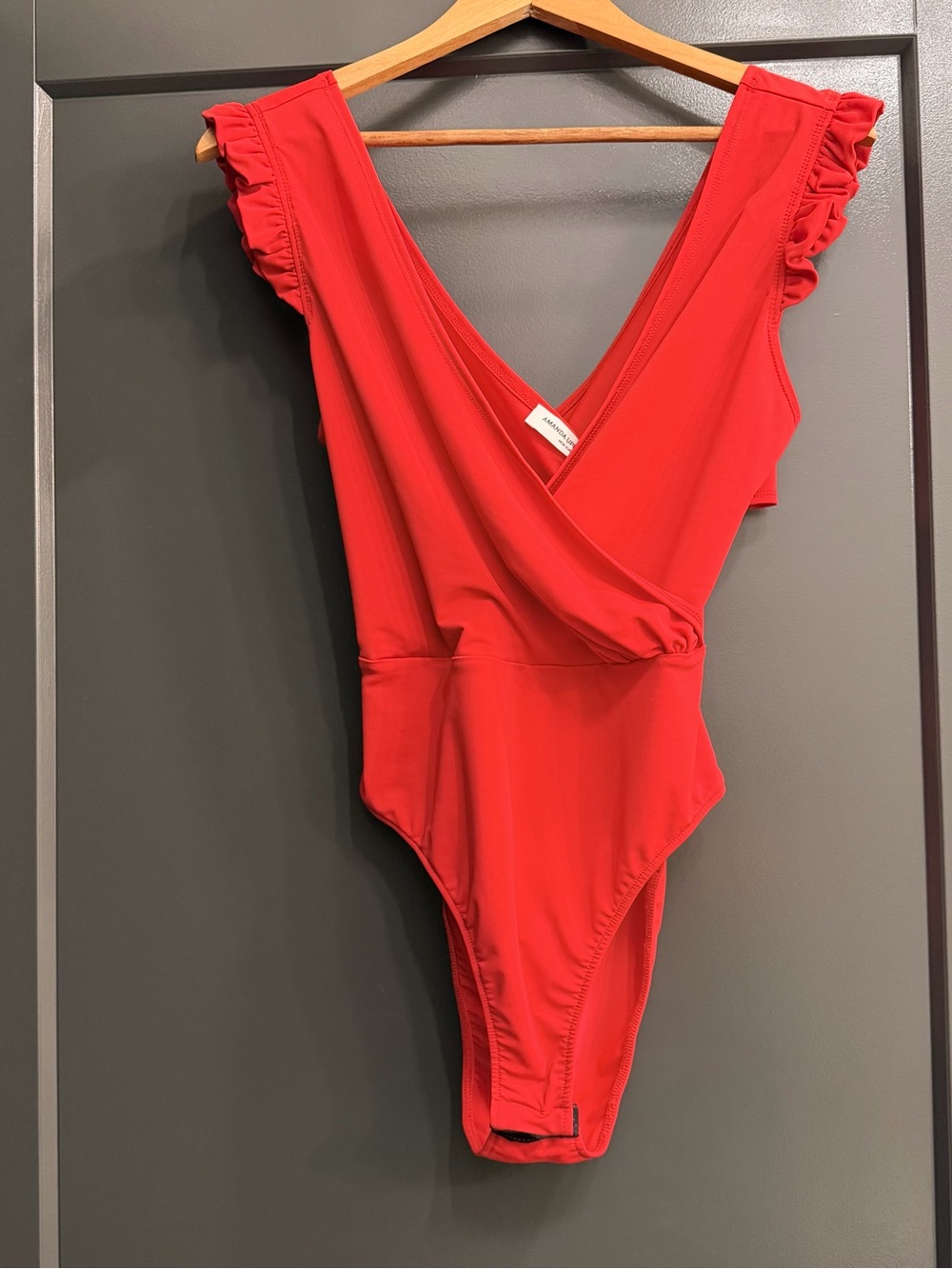 Amanda Uprichard Ruffle Shoulders Open Lower Back Bodysuit L